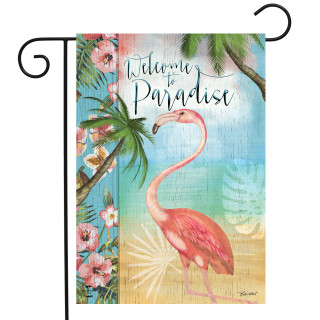 Briarwood Lane Welcome To Paradise Garden Flag with pink flamingo palm trees and floral design.