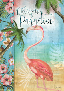 Briarwood Lane Welcome To Paradise Garden Flag with pink flamingo palm trees flowers tropical design.
