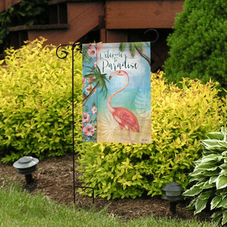 Briarwood Lane Welcome To Paradise garden flag with pink flamingo and tropical design.