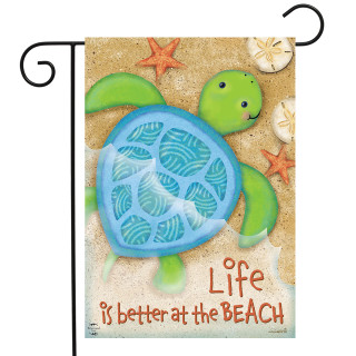 Briarwood Lane Life Is Better Turtle Garden Flag with green turtle and beach theme design.