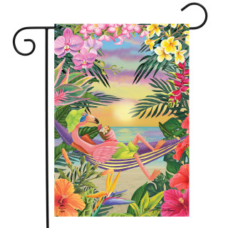Briarwood Lane Five O'clock Flamingo Garden Flag with tropical beach scene and colorful flamingos.