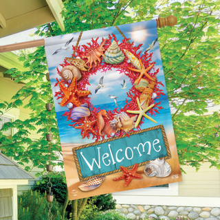Briarwood Lane Coral Wreath House Flag with seashells and starfish on a beach background.