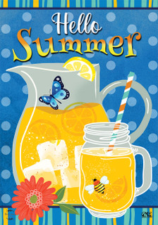 Briarwood Lane Hello Summer Lemonade House Flag with colorful pitcher and glass lemonade illustration.