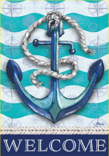 Briarwood Lane Welcome Anchor House Flag with blue anchor and rope on nautical background.