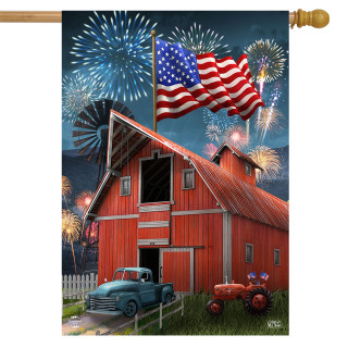 Briarwood Lane American Celebration Barn House Flag with fireworks and American flag design.