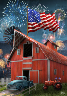 Briarwood Lane American Celebration Barn House Flag, red barn, American flag, fireworks, vintage truck, tractor.