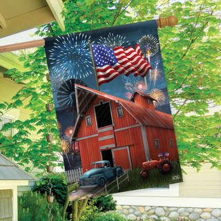 Briarwood Lane American Celebration Barn House Flag with patriotic fireworks and American flag design.