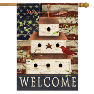 Briarwood Lane Patriotic Birdhouse House Flag with American flag background and welcome text.