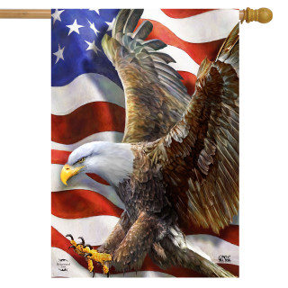 Briarwood Lane American Freedom Eagle House Flag with American flag background, brown eagle, white head.