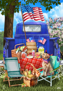Briarwood Lane All American Picnic House Flag with patriotic picnic scene and American flags.