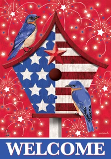 Briarwood Lane American Bluebirds House Flag with red, white, blue stars and two blue birds.