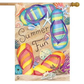 Briarwood Lane Summer Fun Double-Sided House Flag with colorful flip flops and seashells design.