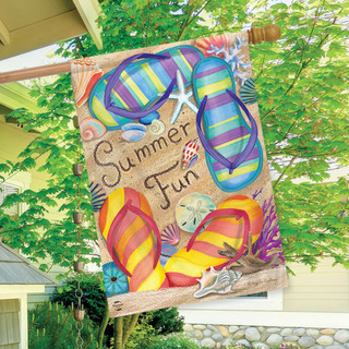 Briarwood Lane Summer Fun Double-Sided House Flag with colorful flip flops and beach design.