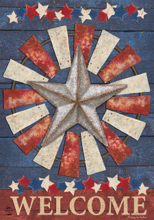 Briarwood Lane Primitive American Barnstar House Flag with star design and welcome text in red white blue.