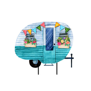 Briarwood Lane Spring Camper Metal Art, teal camper with flowers and bunting on white background.