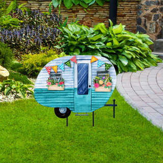 Briarwood Lane Spring Camper Metal Art, teal and white camper with colorful flowers and bunting.