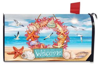 Briarwood Lane Coral Wreath Mailbox Cover with beach scene, seashells, and welcome sign design.