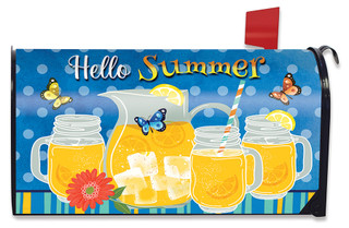 Briarwood Lane Hello Summer Lemonade Mailbox Cover with colorful mason jars and butterflies design.