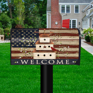 Briarwood Lane Patriotic Birdhouse Mailbox Cover with American flag and welcome text on black background.