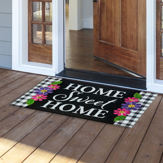 Briarwood Lane Home Sweet Home Flowers Coir Doormat with colorful floral design on wooden porch.