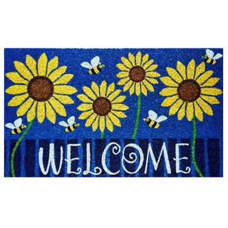 Briarwood Lane Sunflowers and Bees Coir Doormat with welcome text and yellow flowers and bees.