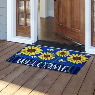 Briarwood Lane Sunflowers and Bees Coir Doormat with welcome text and yellow sunflowers on blue background.