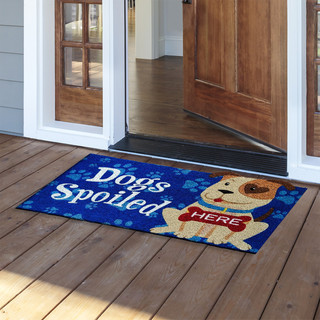 Briarwood Lane Spoiled Pup Coir Doormat with dog design and text on blue background.