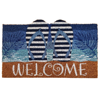 Briarwood Lane Welcome Summer Flip Flops Coir Doormat with blue, white and brown color design.