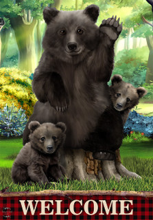 Briarwood Lane Black Bear Welcome Garden Flag with family of black bears and welcome sign.