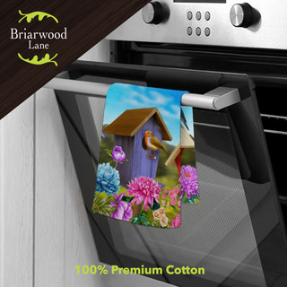 Briarwood Lane Colorful Birdhouses premium cotton hand towel with vibrant flowers and birdhouse design.