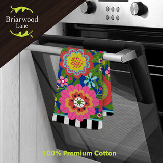 Briarwood Lane Bright Blooms cotton hand towel with colorful floral design and black and white trim.