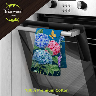 Briarwood Lane colorful hydrangeas cotton hand towel hanging on oven handle, premium cotton material.
