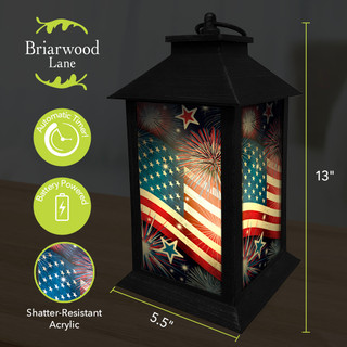 Briarwood Lane Stars and Stripes Lantern, 13" tall, black metal, patriotic American flag design.