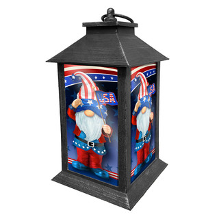 Briarwood Lane Patriotic Gnomes Lantern with red, white, and blue gnome decoration inside.