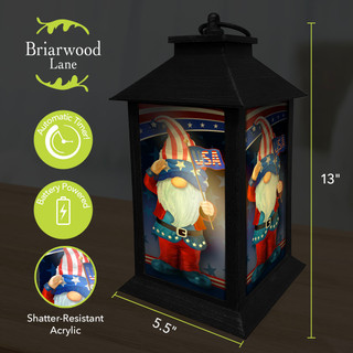 Briarwood Lane Patriotic Gnomes Lantern, black metal lantern with red white blue gnome and American flag.