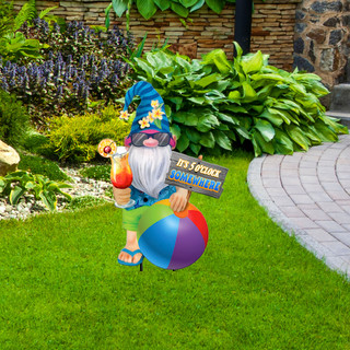 Briarwood Lane Summer Gnomes Metal Art, colorful gnome with beach ball and tropical hat outdoors.