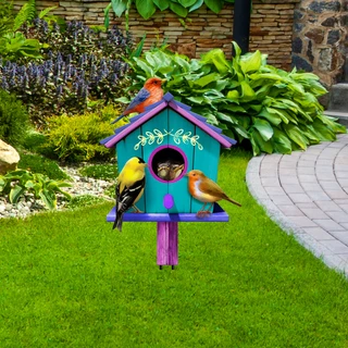 Briarwood Lane colorful birdhouse with purple trim and three birds on vibrant green lawn setting.