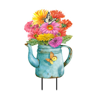 Briarwood Lane Gerber Daisy Watering Can Metal Art with colorful flowers and butterflies on a stand.