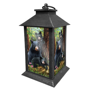 Briarwood Lane Black Bear Family Lantern with forest scene and black metal frame and roof.