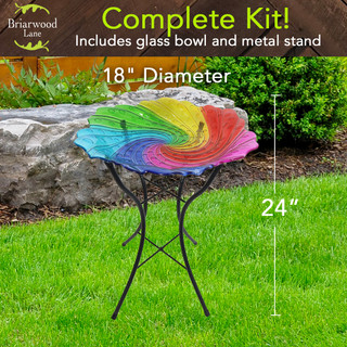 Briarwood Lane Rainbow Swirl Glass Bird Bath, 18" diameter, colorful glass bowl on metal stand.