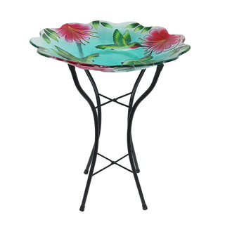 Briarwood Lane Hummingbirds Glass Bird Bath with floral design on stand with pink flowers and green leaves.