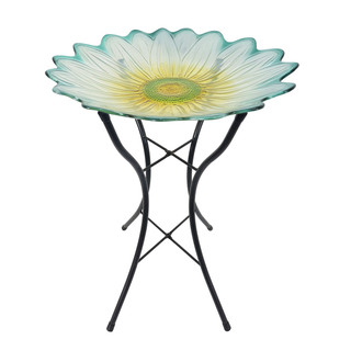 Briarwood Lane Daisy Glass Bird Bath with white, yellow, and green glass flower design on stand.