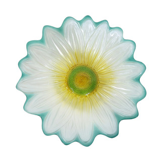 Briarwood Lane Daisy Glass Bird Bath, white with yellow and green center, teal rim.