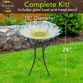 Briarwood Lane Daisy Glass Bird Bath, 18" diameter, 24" tall, metal stand, flower design bowl.