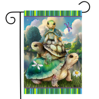 Briarwood Lane Turtle Trio Garden Flag with colorful turtles and garden scene design.
