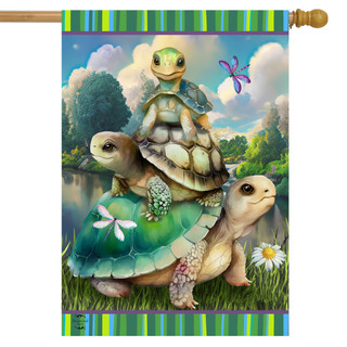 Briarwood Lane Turtle Trio House Flag with colorful design and three stacked turtles outdoors.