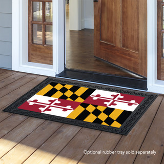 Briarwood Lane Maryland Doormat with Maryland flag design on wooden porch outside doorway entrance.