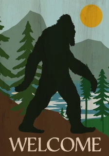 Briarwood Lane Bigfoot Welcome House Flag with mountain, tree and sun design in earthy tones.