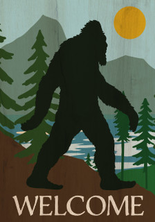 Briarwood Lane Bigfoot Welcome House Flag with silhouette of bigfoot in front of mountain landscape.