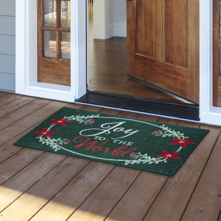 Briarwood Lane Joyful World Coir Doormat 18 x 30 green with red and white festive design.